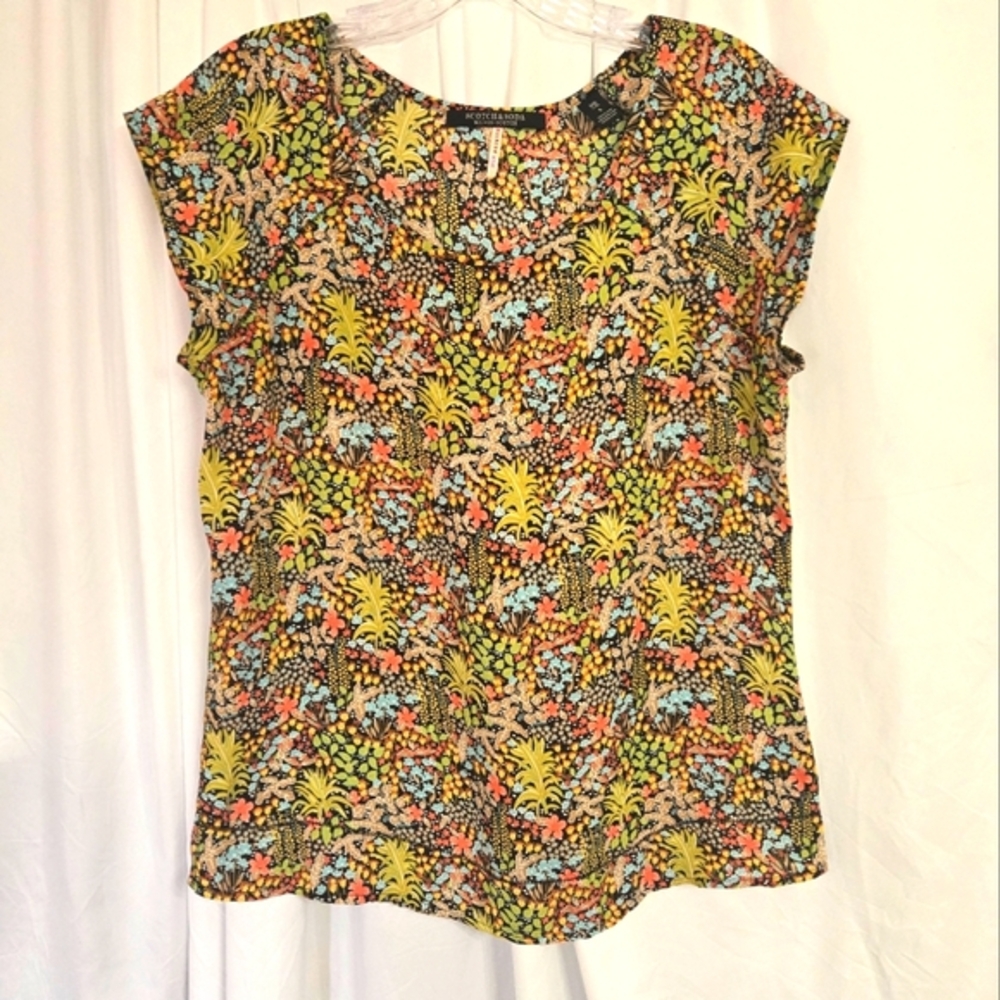 Scotch & Soda Green/Pink Floral Cap Sleeve Blouse Size S